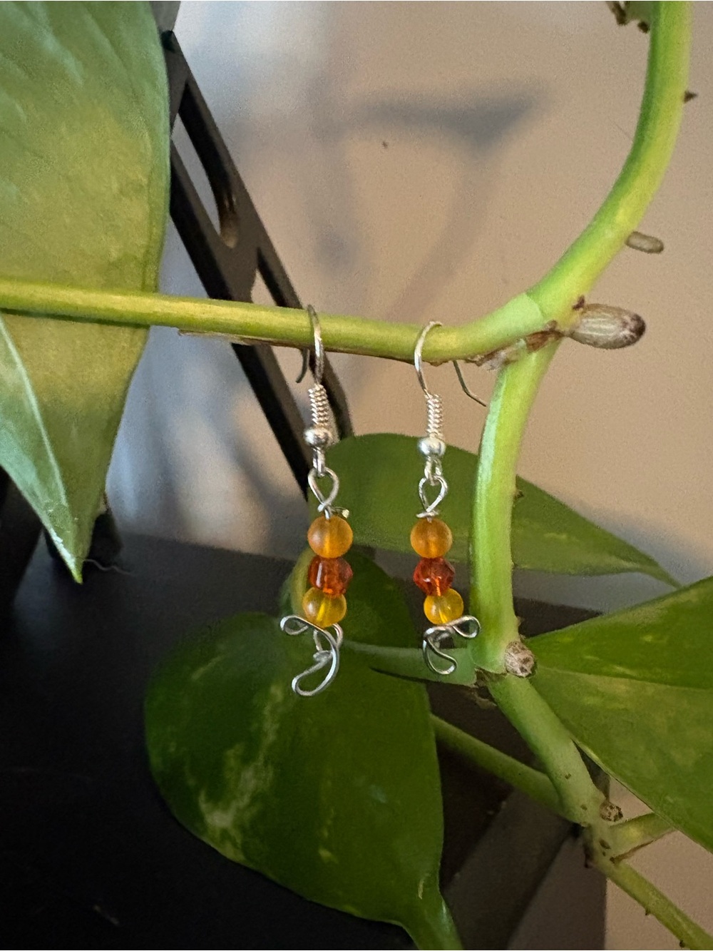 Handmade Orange Yellow Bead Dangle Earrings Wire Detail